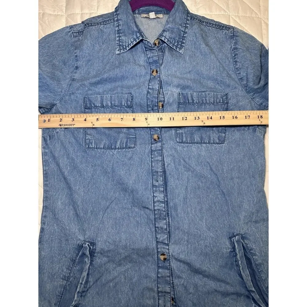 MPH Collection Blue Denim Shirt Dress S Collared Button Front Pockets Knee - Picture 5 of 9